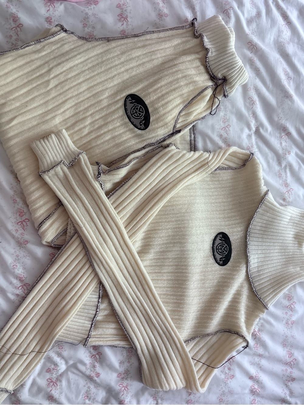 Cream Ribbed Turtleneck Sweater with Contrast Overlock Detail